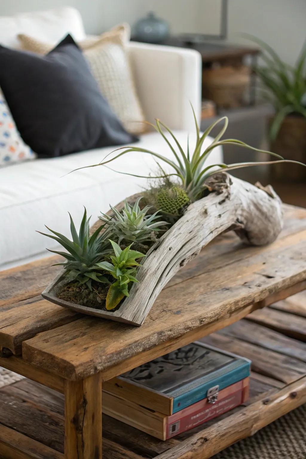 Tree branches give a grounded, rustic charm to air plant displays.