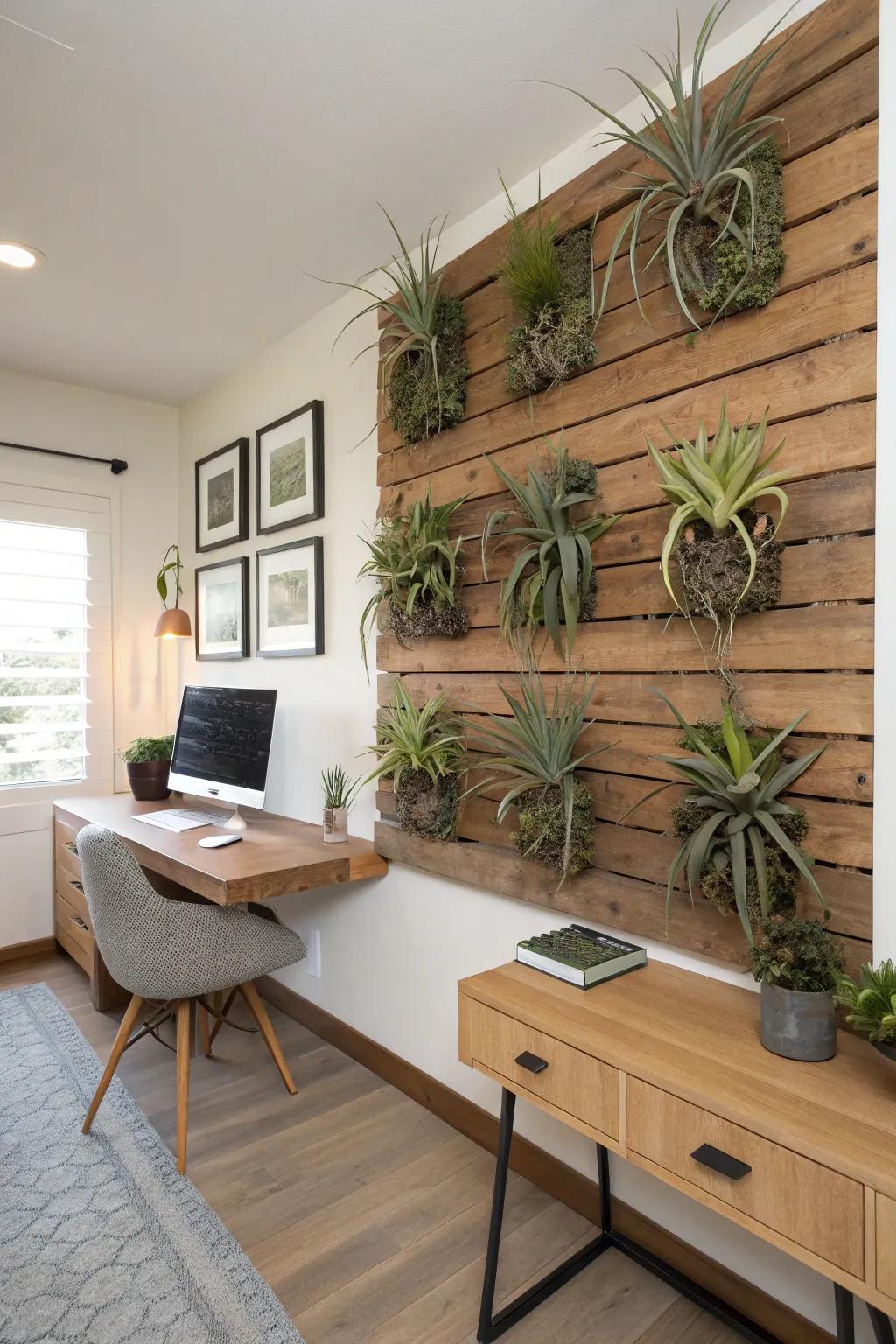 Wall-mounted air plant display in an office.