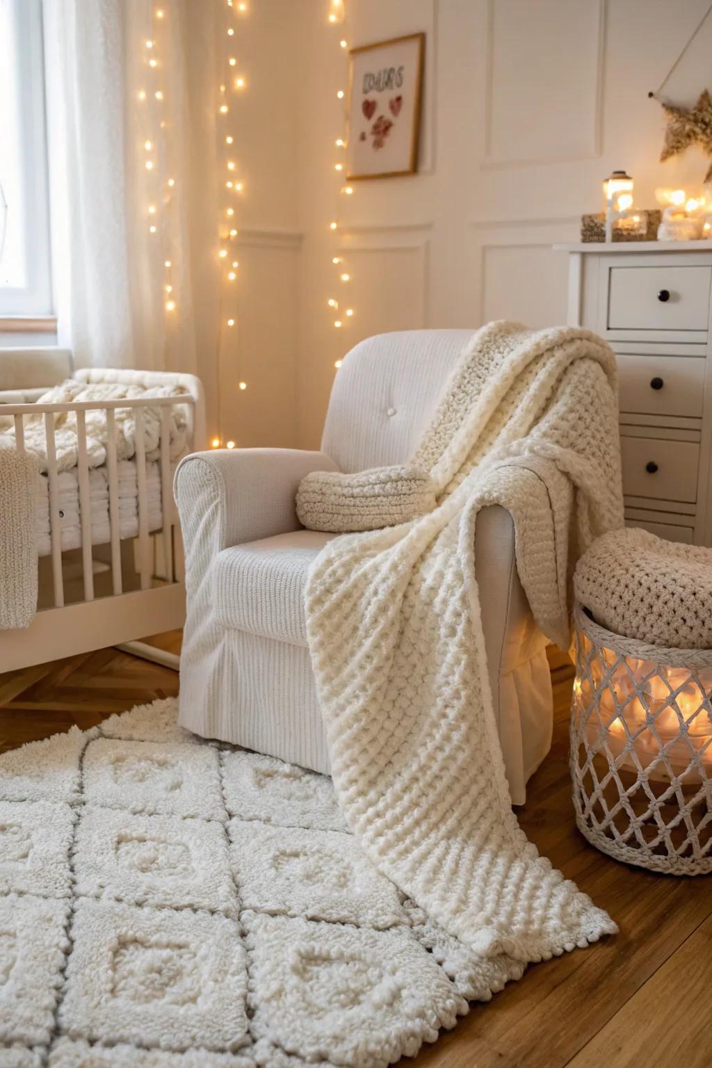 Gentle fabrics enhance the warmth of an all-white nursery.