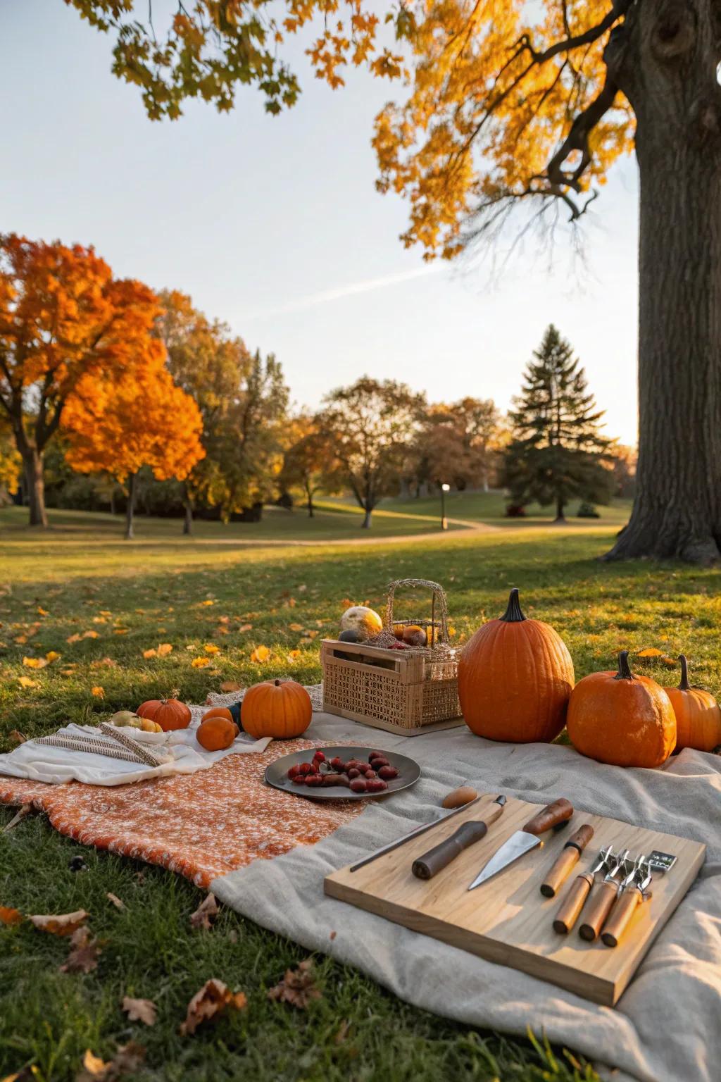 A picnic arrangement suited for a pumpkin sculpting meet-up.