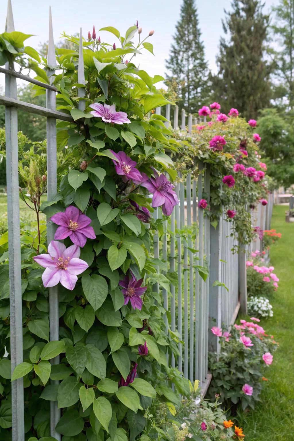 Flowering vines infuse romance into an aluminum fence.