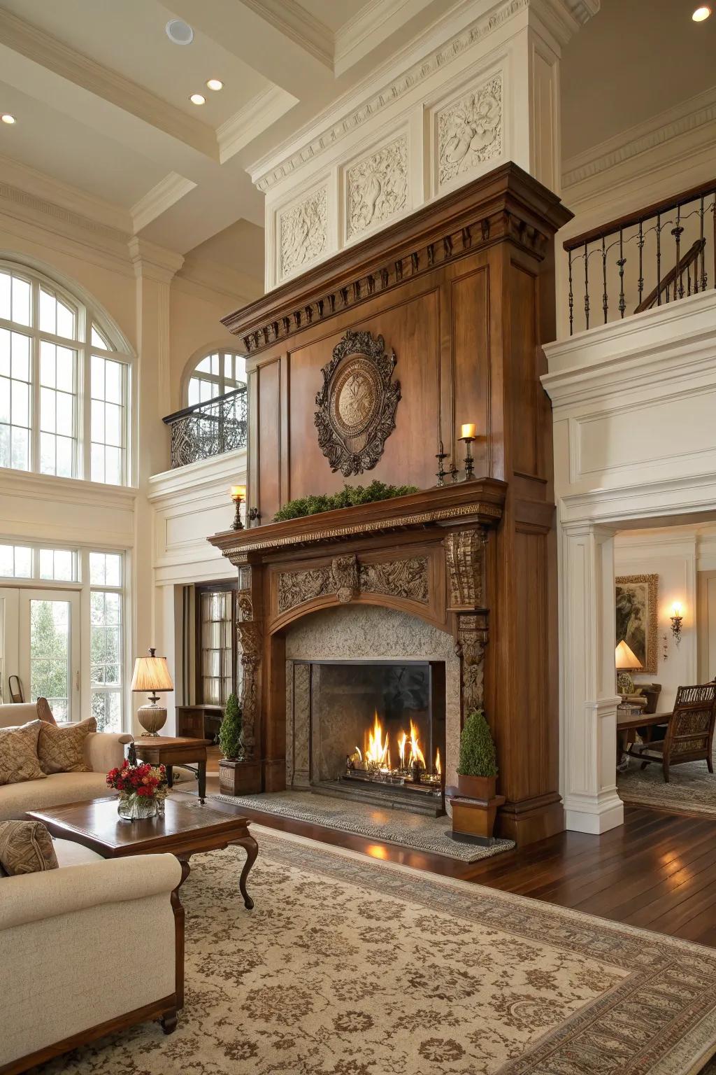 A majestic fireplace serves as the inviting center in a colonial lounge.