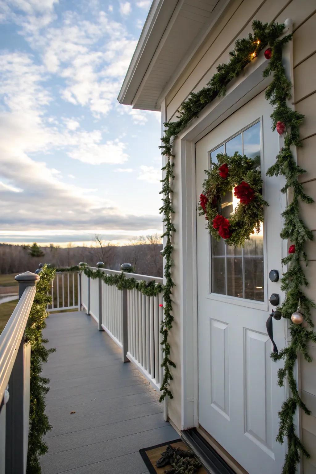 Natural garlands and a door wreath contribute celebratory happiness to this balcony.