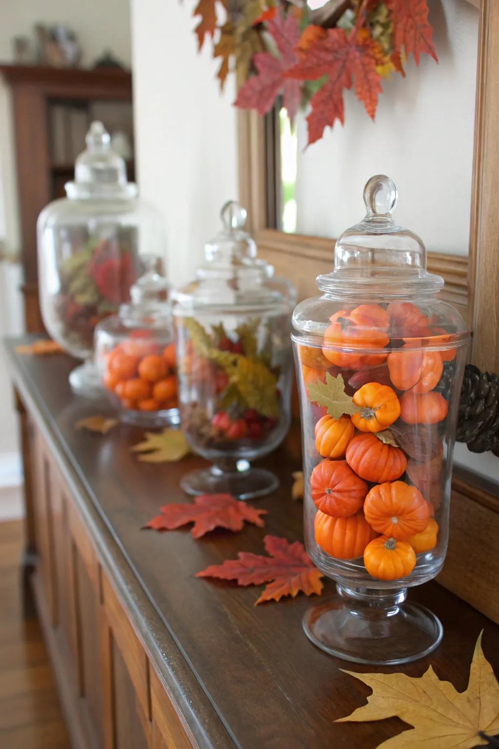 Seasonal decor in vintage-inspired glass jars keeps your home vibrant and welcoming.