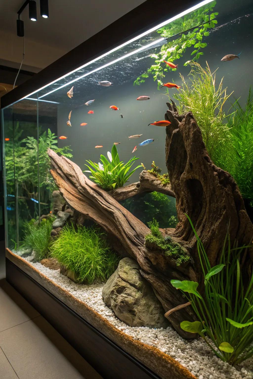 Driftwood lends a countryside, genuine characteristic to the aquatic setting.
