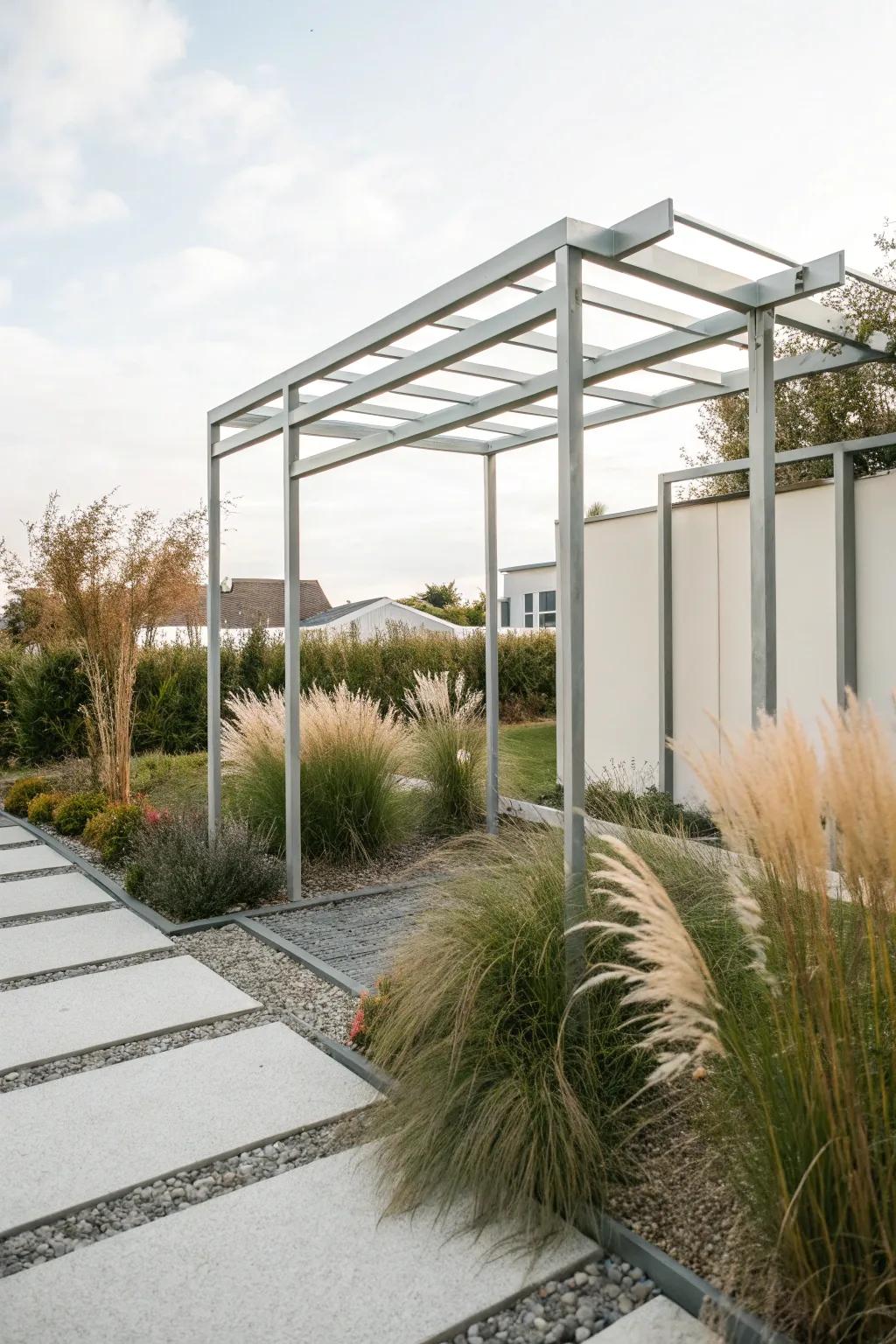 A modern metal arbor enhances the contemporary atmosphere of this garden.