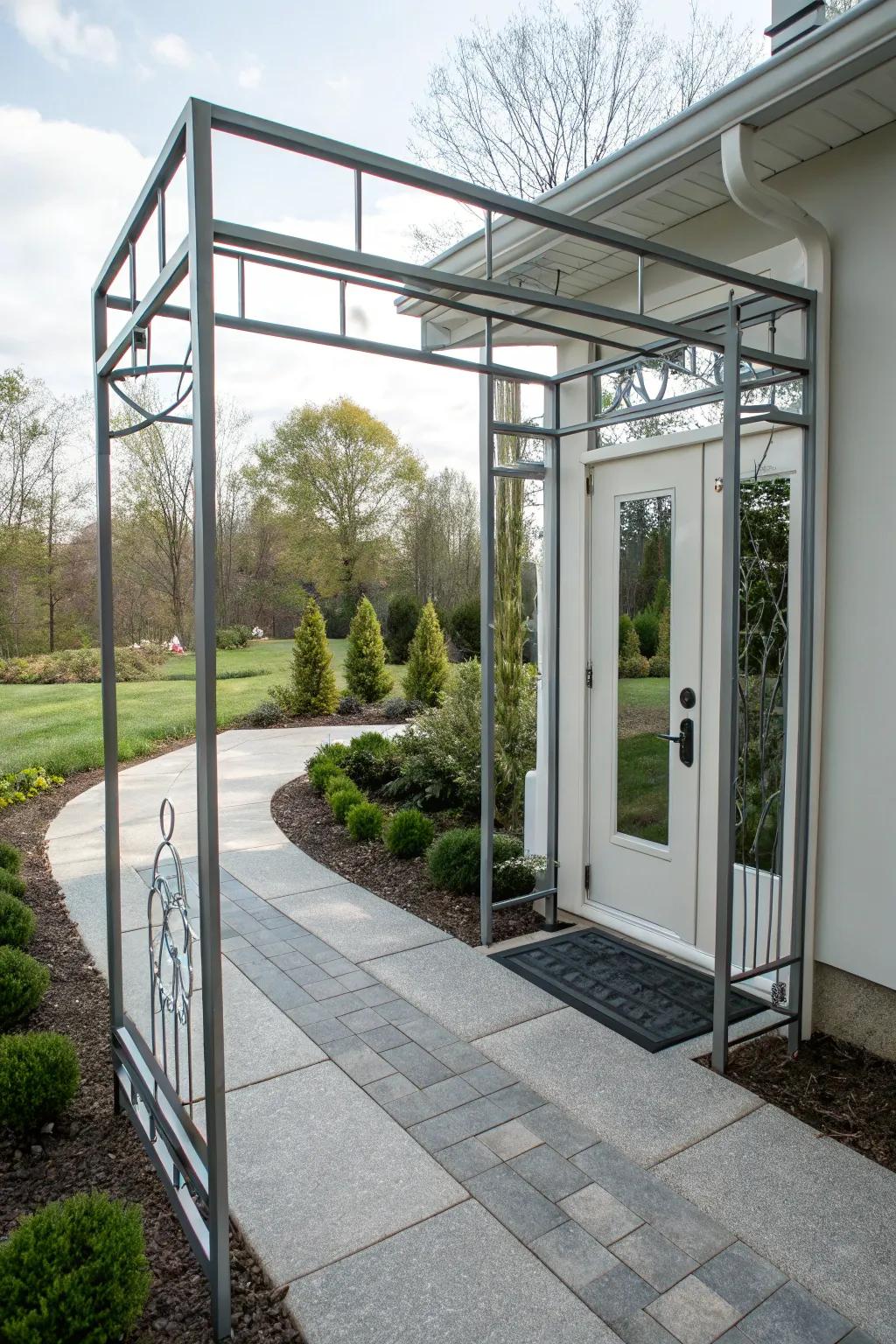 A modern metallic arbor featuring a geometric pattern for a contemporary touch.