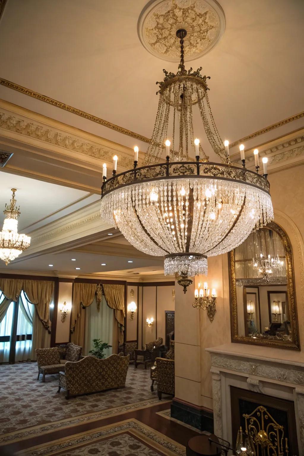 A breathtaking chandelier lending an extravagant sensation to the space.