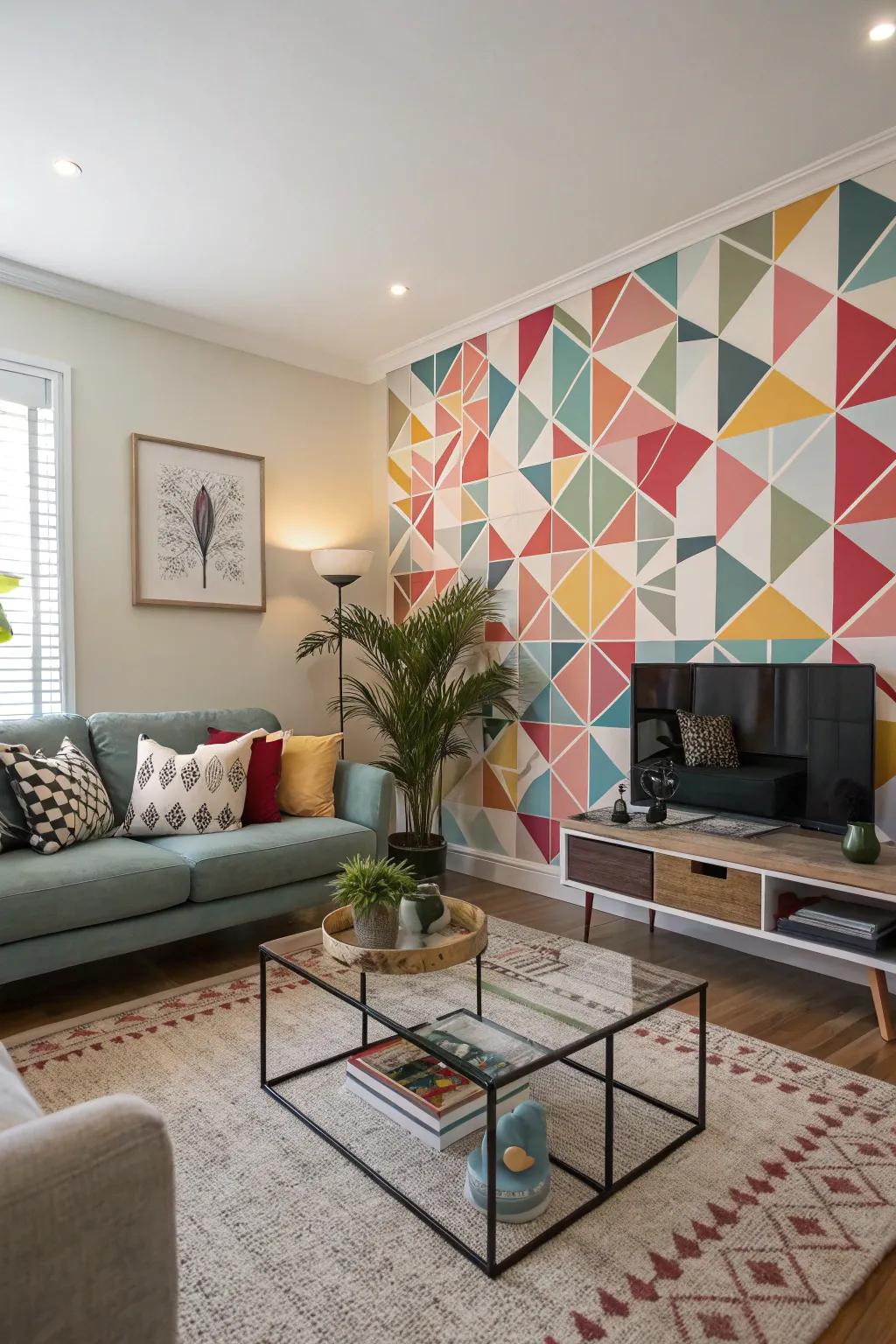 A living room featuring a striking symmetrical pattern on the wall, adding a contemporary touch to the interior.