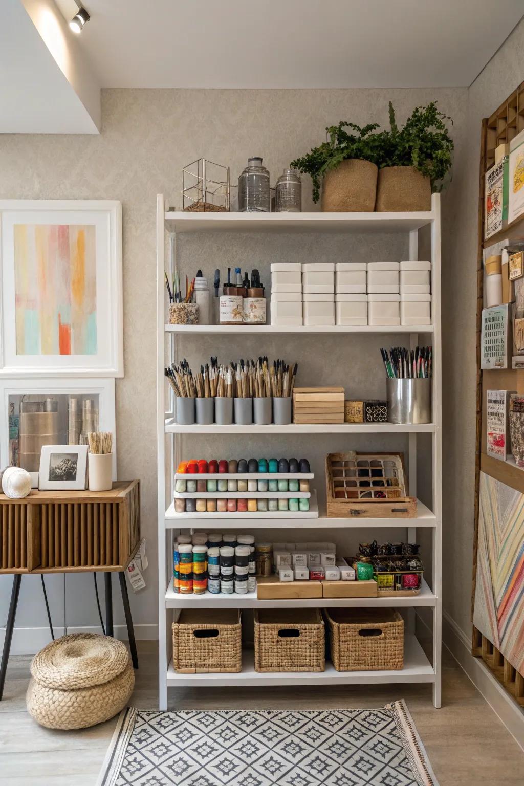 Shelves with multiple tiers maximize vertical space in your art studio.