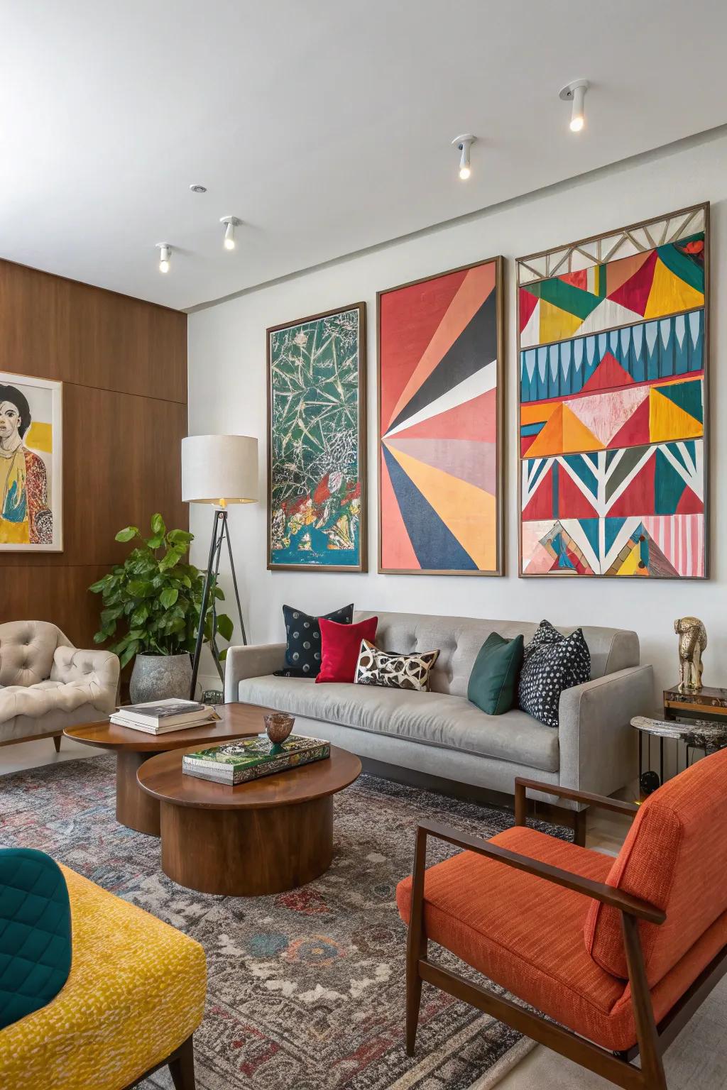 Strong abstract artwork delivers a modern spin to this living area.