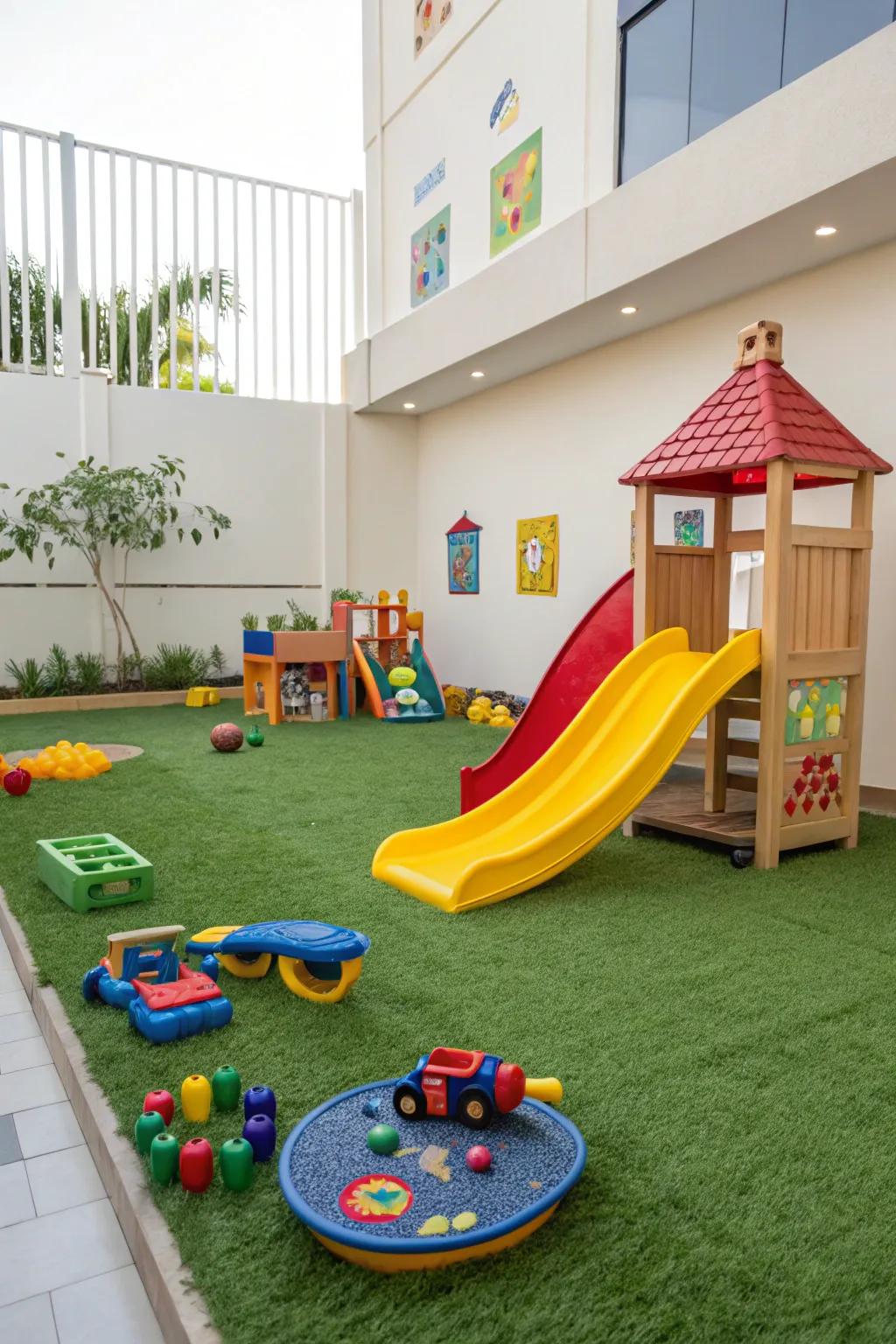 A child-safe play area featuring soft imitation turf.