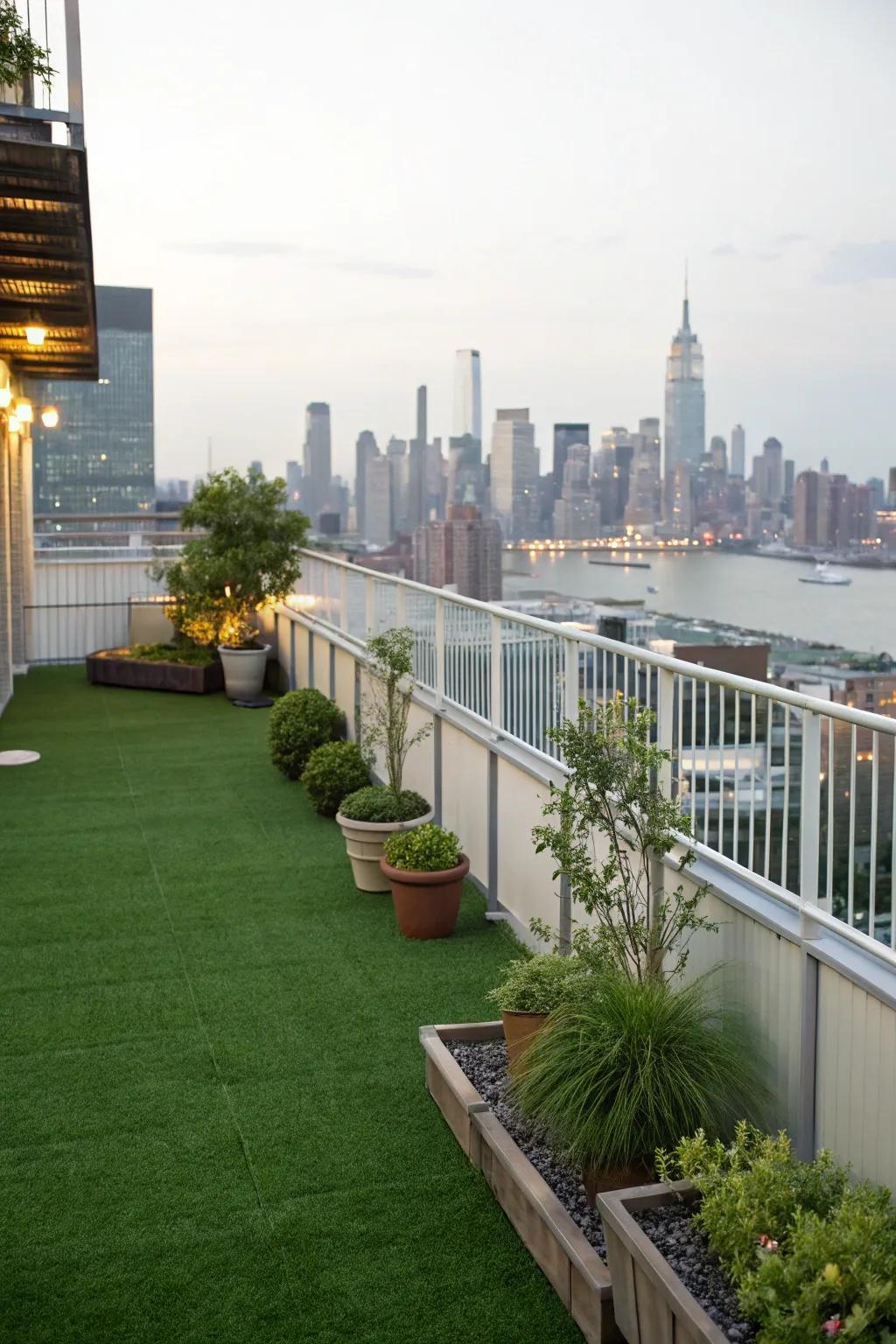 Enhance your urban lifestyle with a rooftop green escape featuring simulated turf.