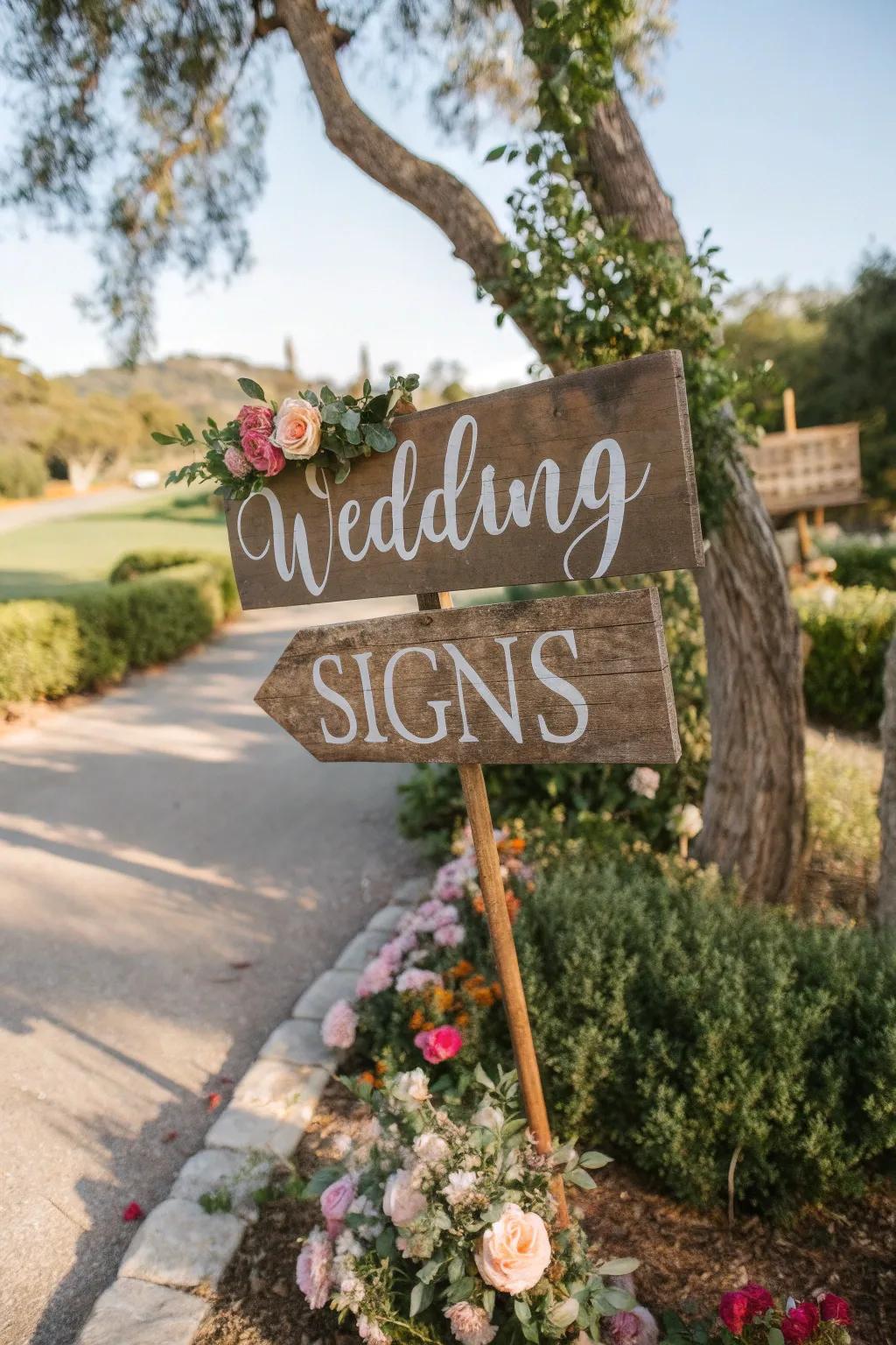 Country-style timber notices introduce a personal touch to the marriage celebration.