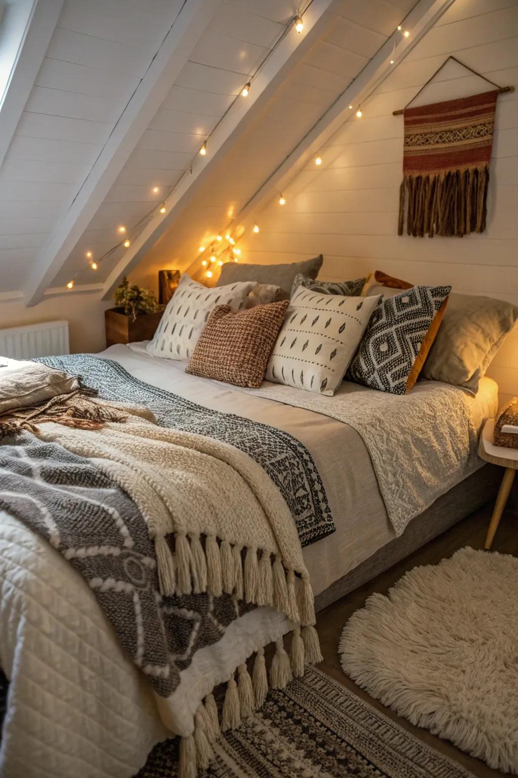 Surround yourself with the softness of layered fabrics for a snug attic hideaway.