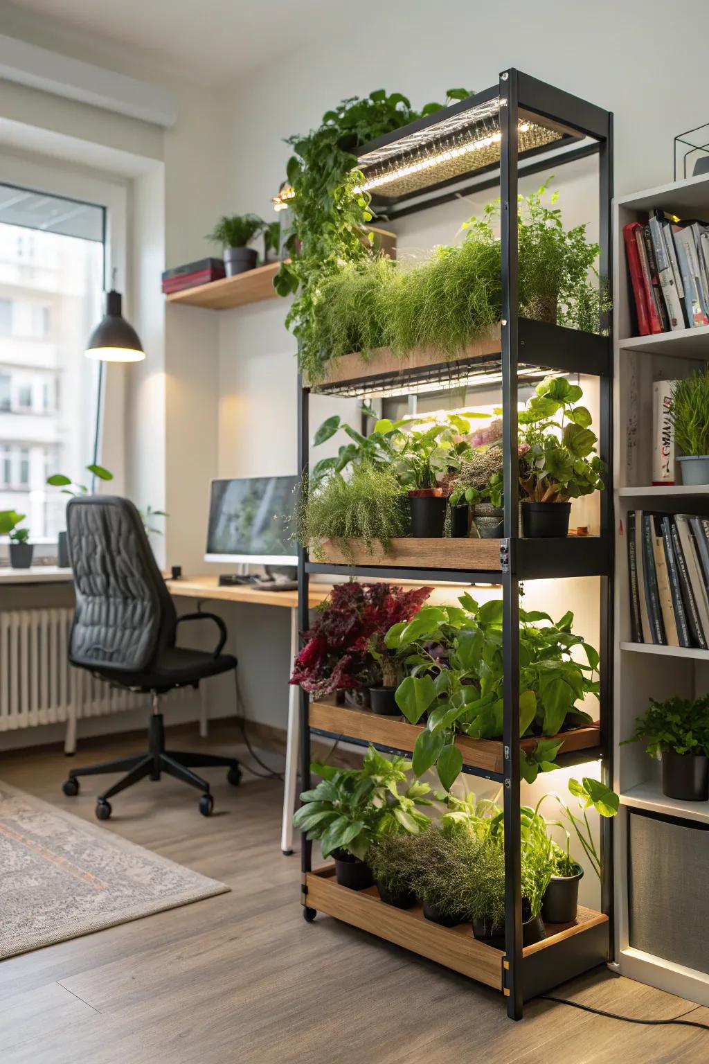 Upright shelving showcases vibrant plants with integrated plant lights.