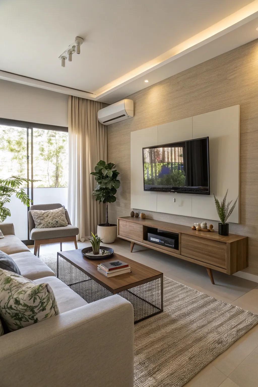 Mounted TVs create space on the floor and emphasize the room.