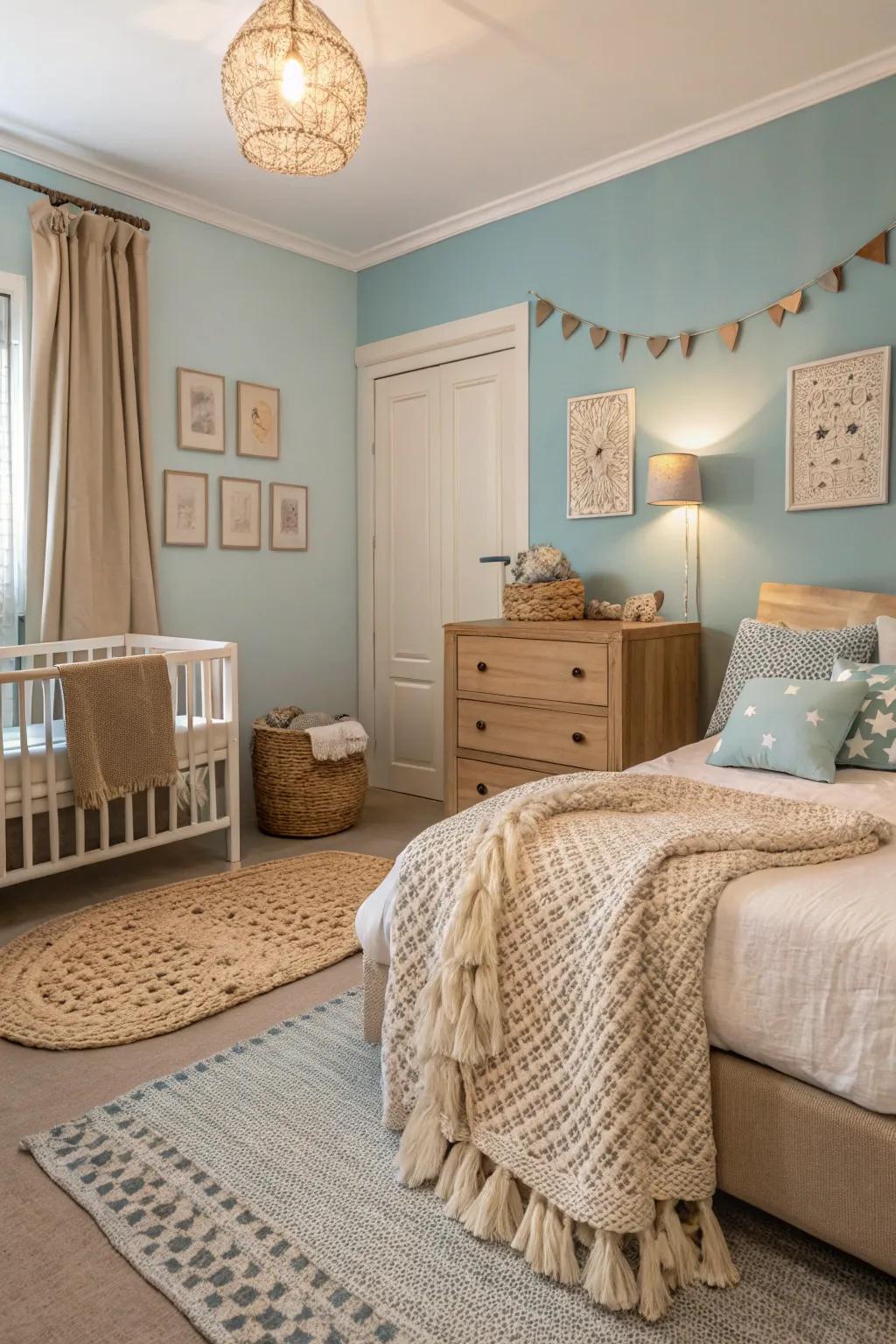 Warm neutral shades work perfectly with light sky blue to establish a cozy bedroom atmosphere.