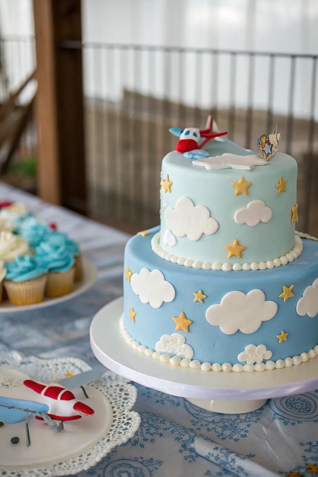 A sky-themed cake featuring playful cloud and plane embellishments.