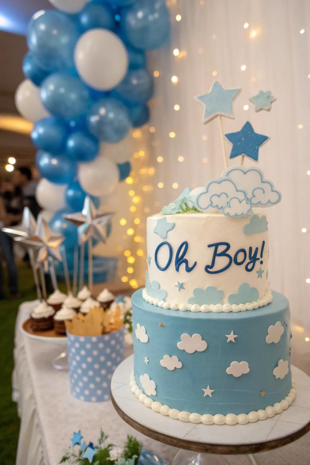 A delightful cake showcasing fluffy clouds and twinkling stars, perfect for celebrating a baby boy.