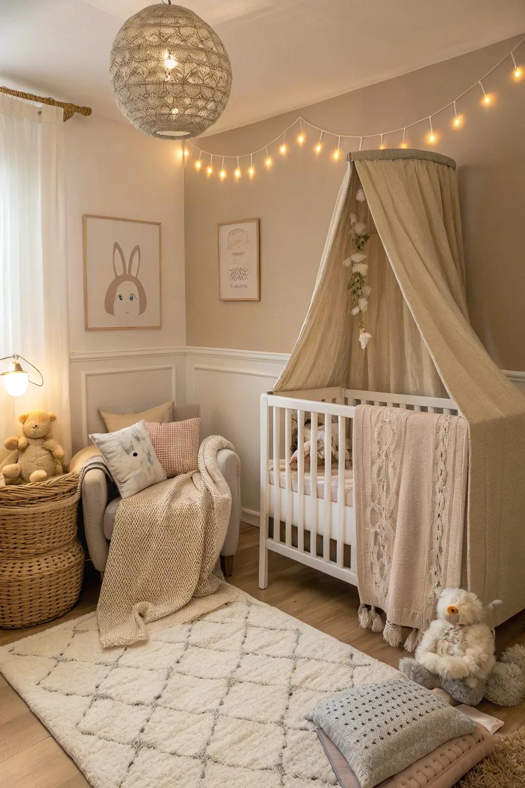 Subdued shades aid in making a calm and unified baby area in any bedroom.