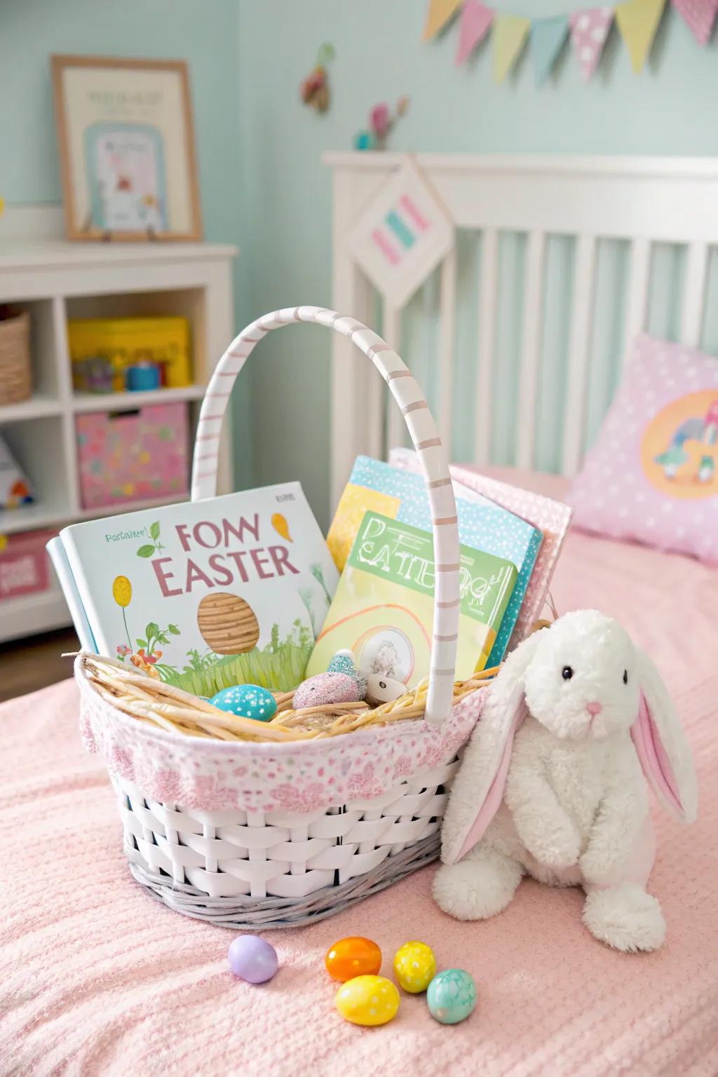 Easter-themed interactive books arranged in a basket.