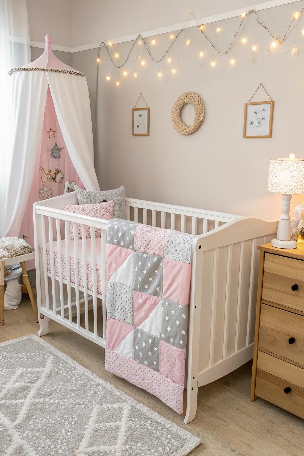 An ivory baby bed is adorned using rose and ash to get a touch of class.