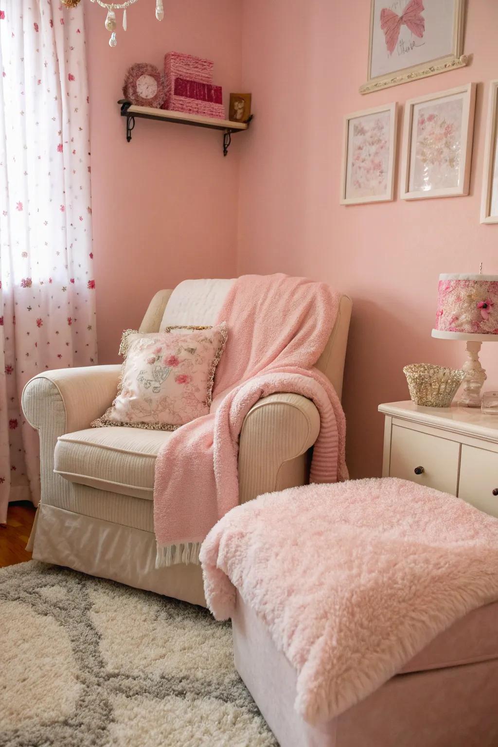 A blush-toned room spotlighting lavish furnishings, thereby enriching comfort and elegance.