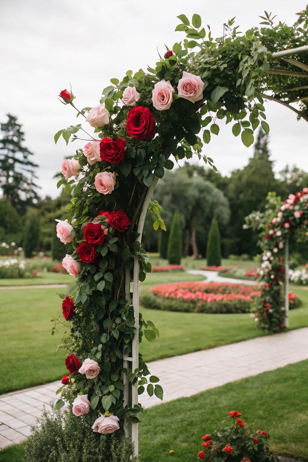 A vibrant floral arch showcasing roses and greenery for a revitalizing appearance.