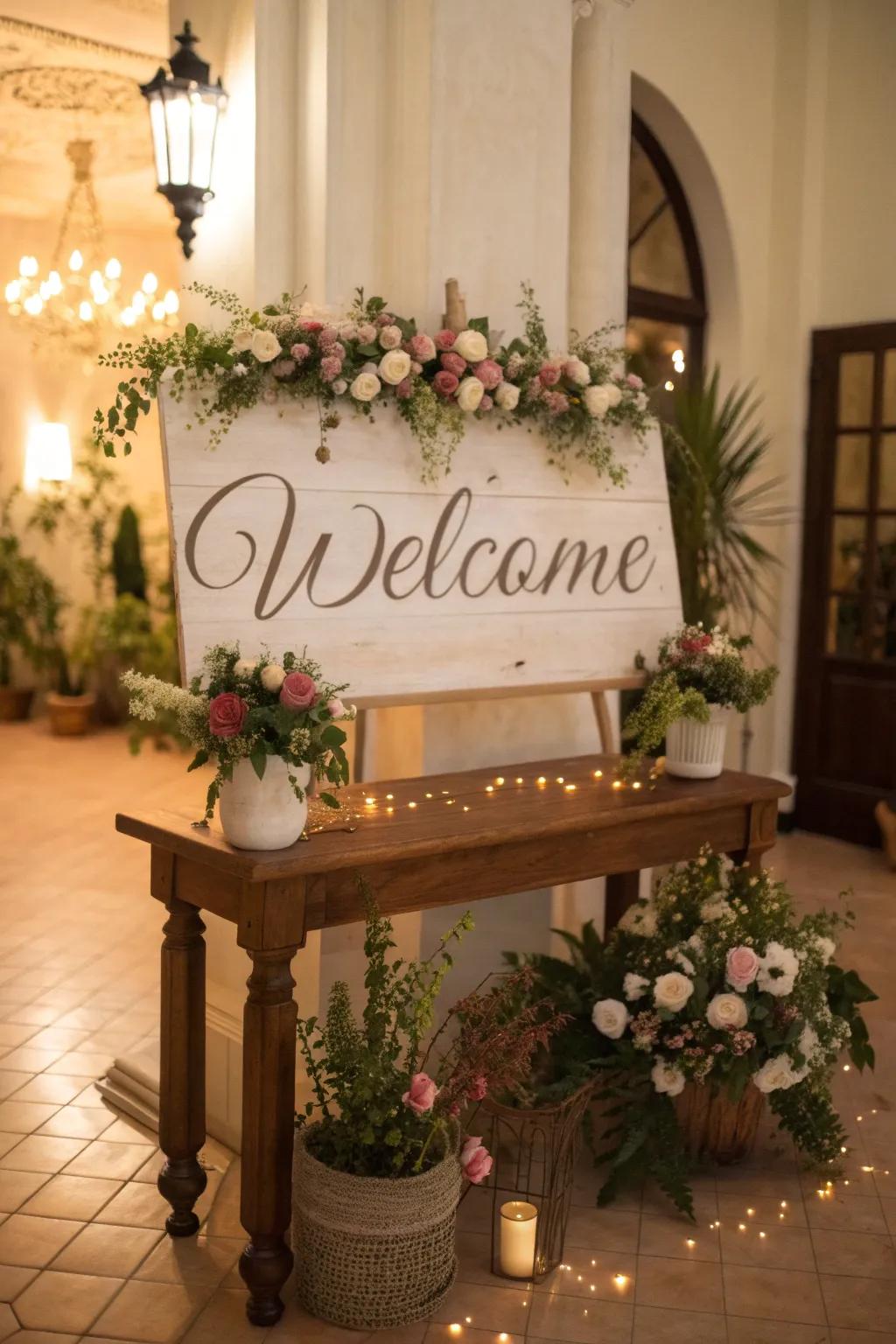 A customized welcome sign imparts a genuine, loving atmosphere to the decorations.