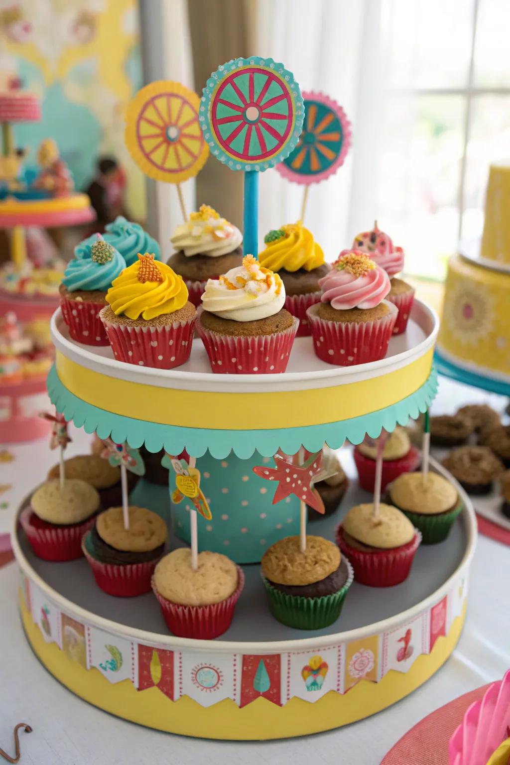 A lively cupcake carousel adorned with charming themed toppers.