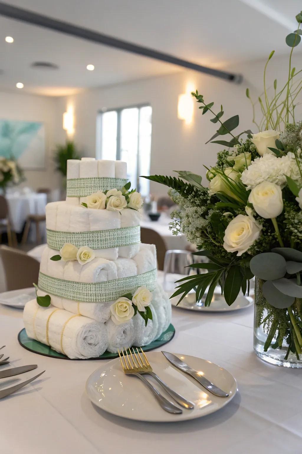 A blossom diaper display, perfect as a refreshing and functional centerpiece.