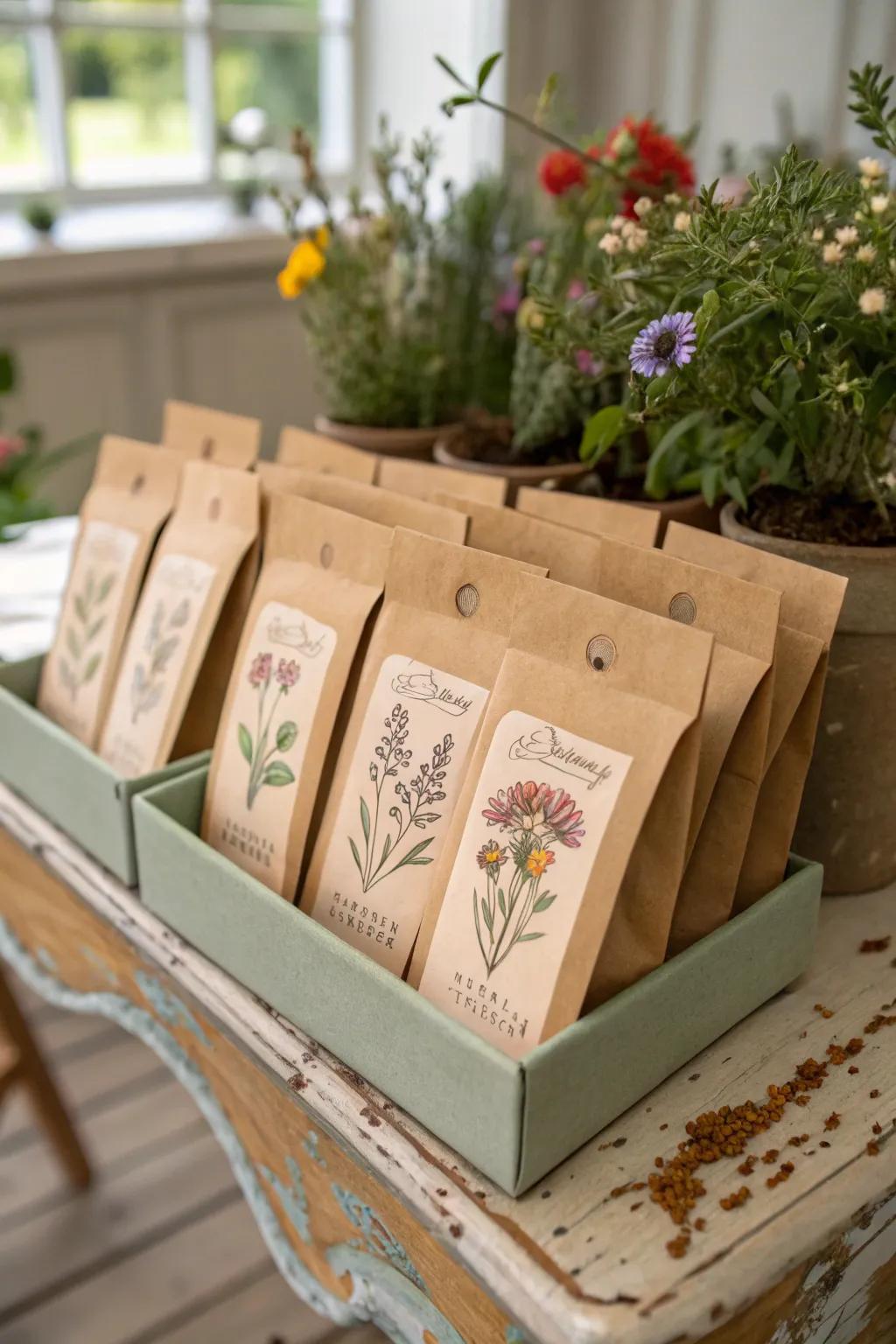 Customized seed packets offer a considerate and environmentally conscious token.