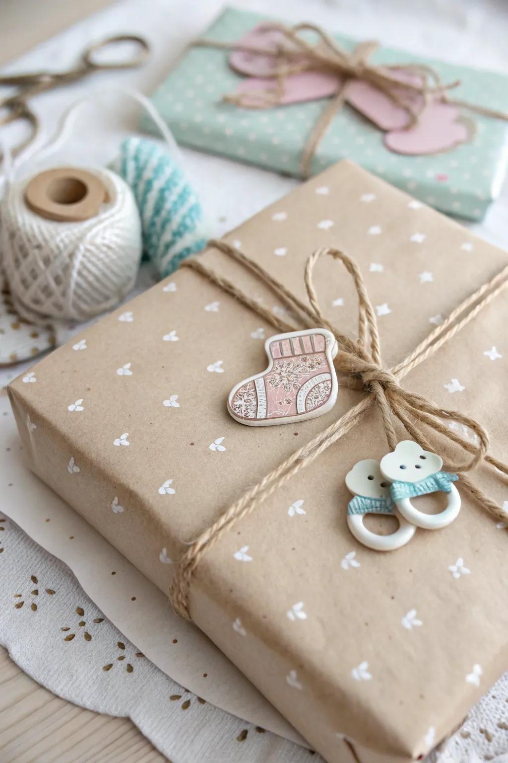 Revel in the finer points: Enhance your baby shower gift presentation with charming infant-inspired accents, infusing a whimsical touch into minimalist grace.
