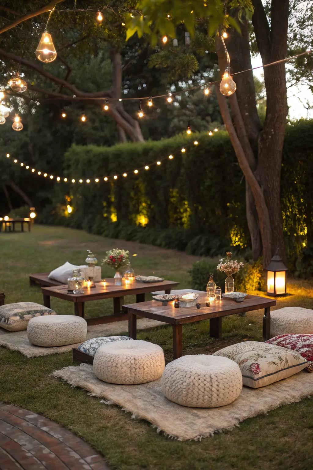 A relaxed picnic style arrangement with small tables and cushions.