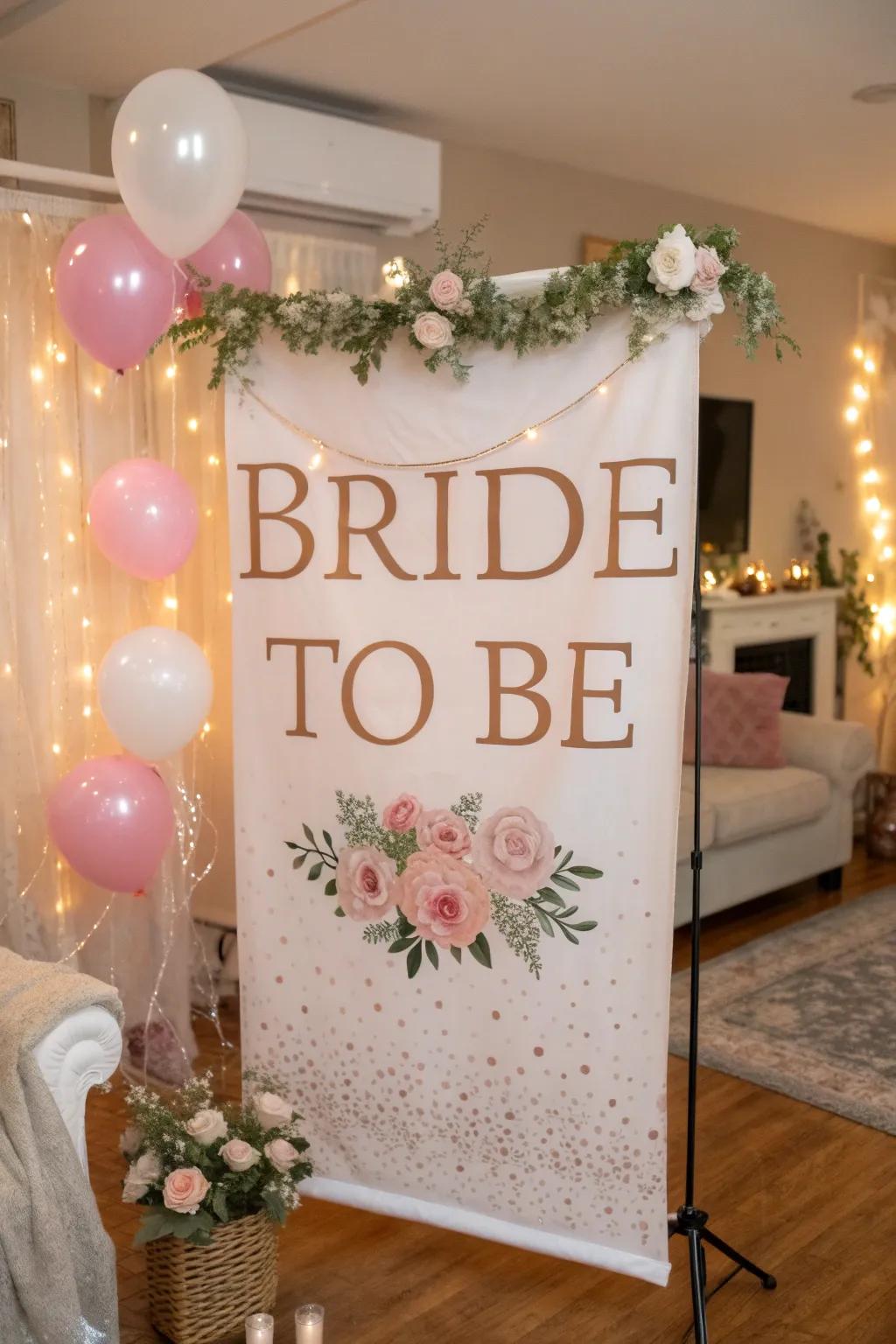 A chic 'BRIDE TO BE' banner offers a personal and elegant highlight.