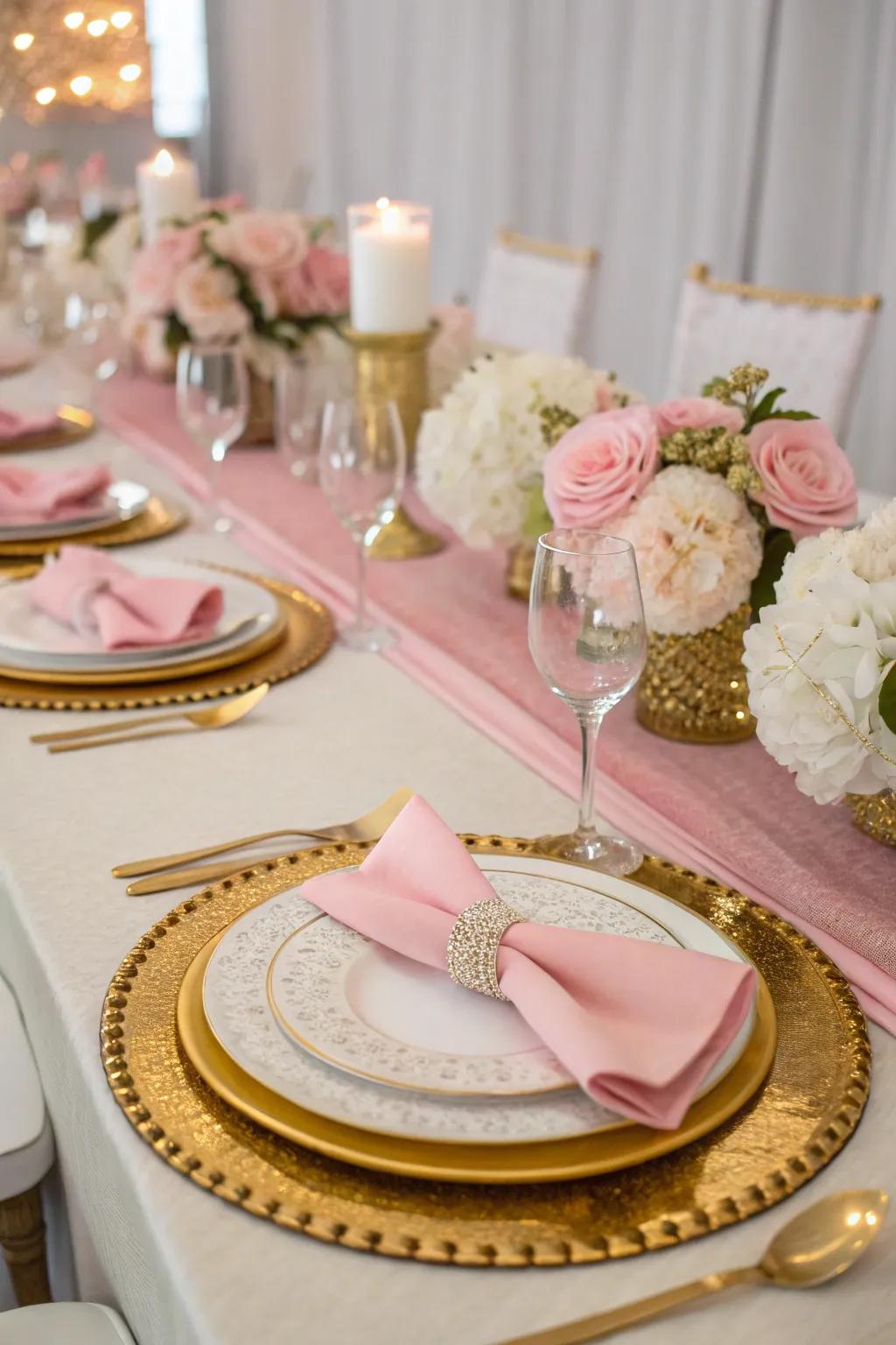 A refined table arrangement showcasing rose, gold, and pearl tones.