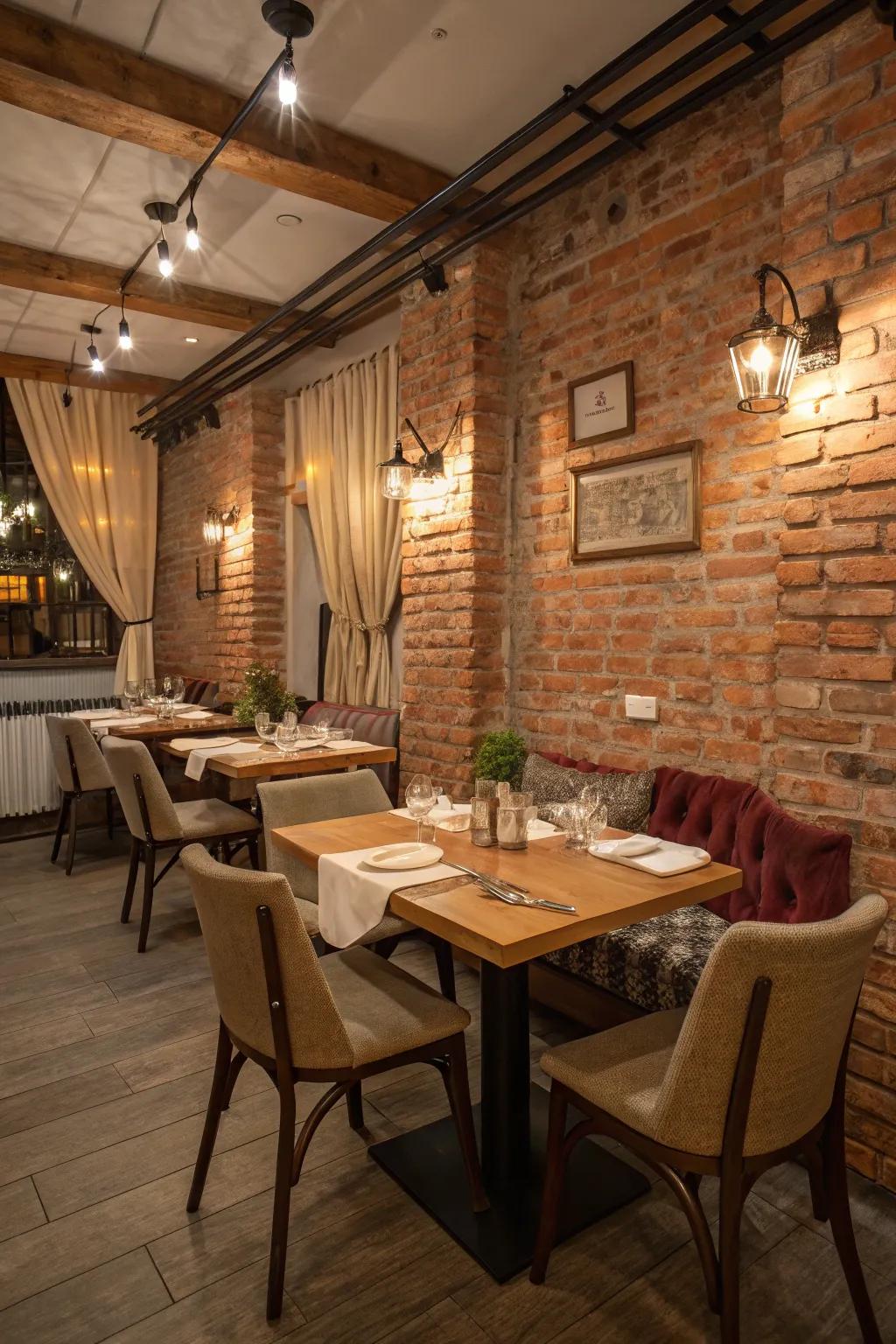 An eating space featuring brick-look wallpaper, establishing a cozy and welcoming setting.