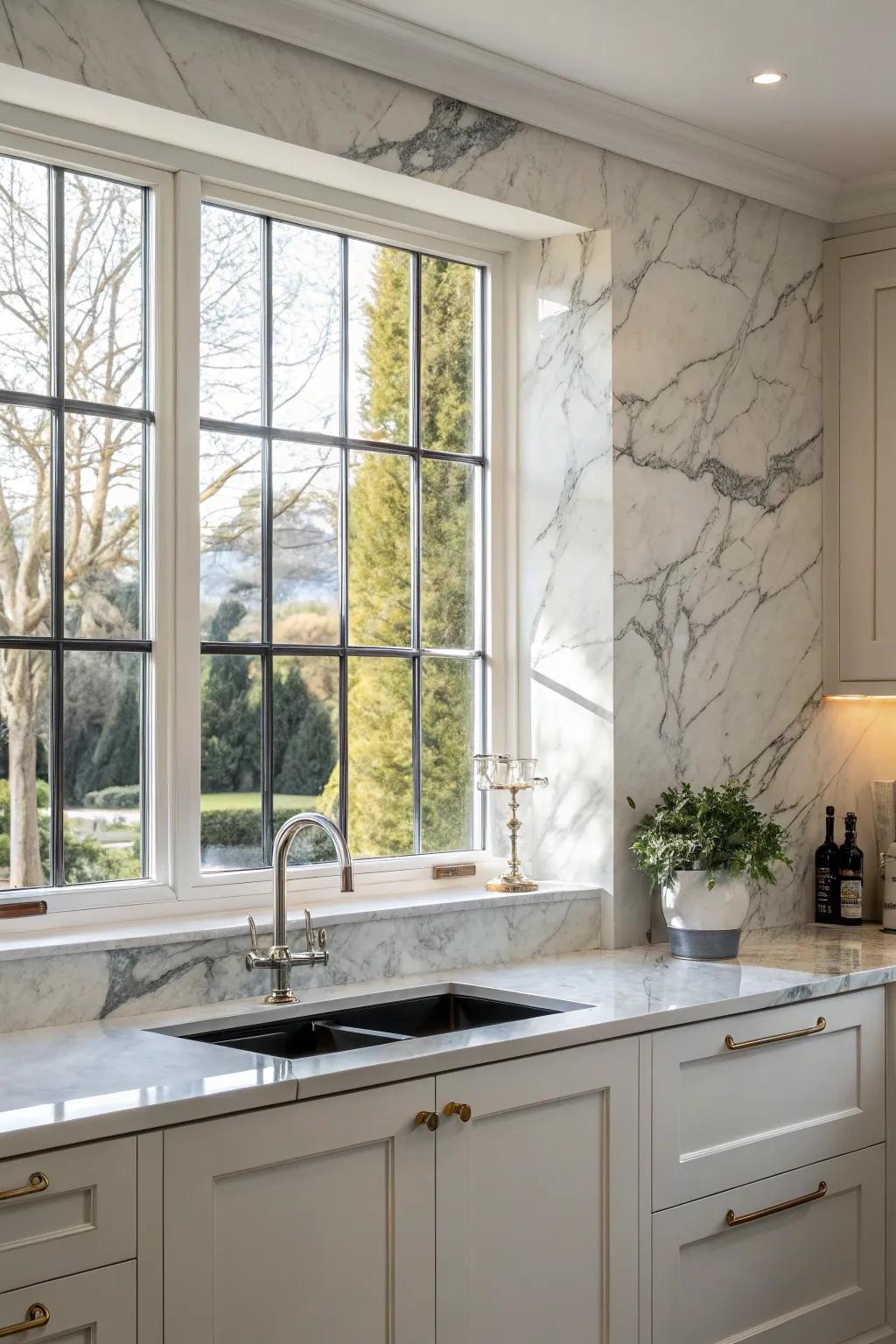An exquisite marble backsplash gracefully wrapping around a kitchen window.