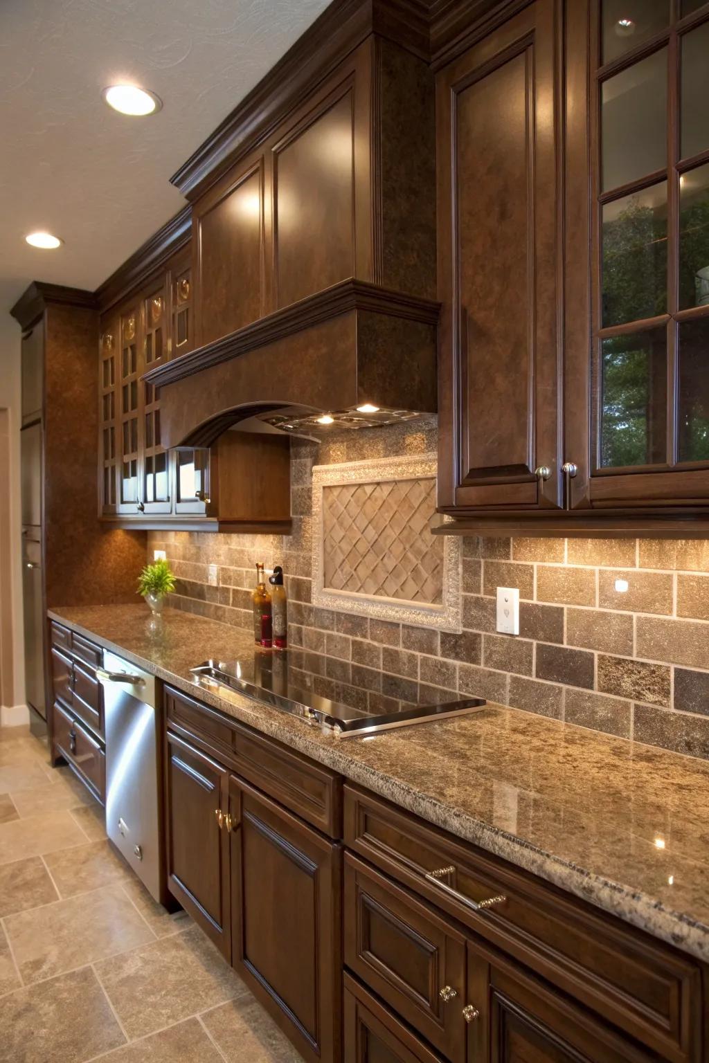Cocoa earth tone tiles accentuate the warmth in fantasy brown granite.
