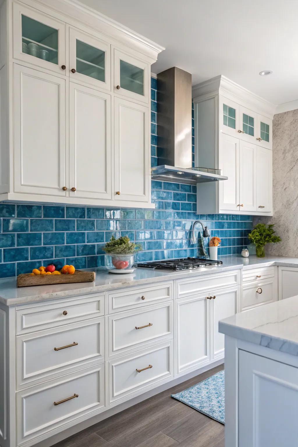 Bold blue tiles introduce a refreshing pop of color.