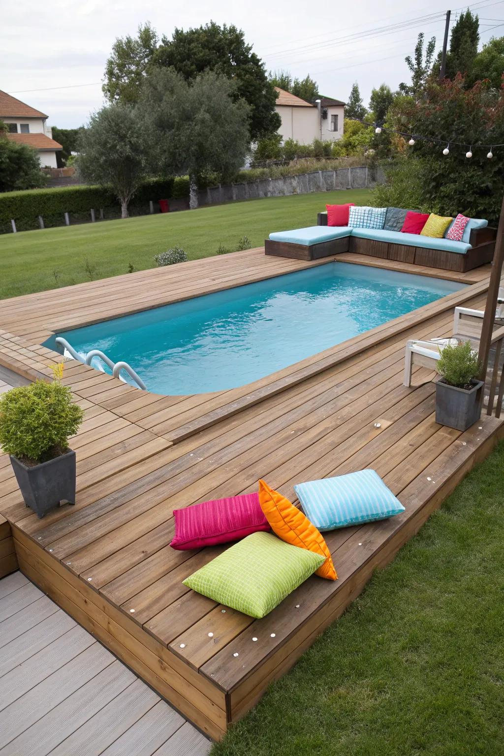 Integrated seating enhances poolside lounging pleasures.