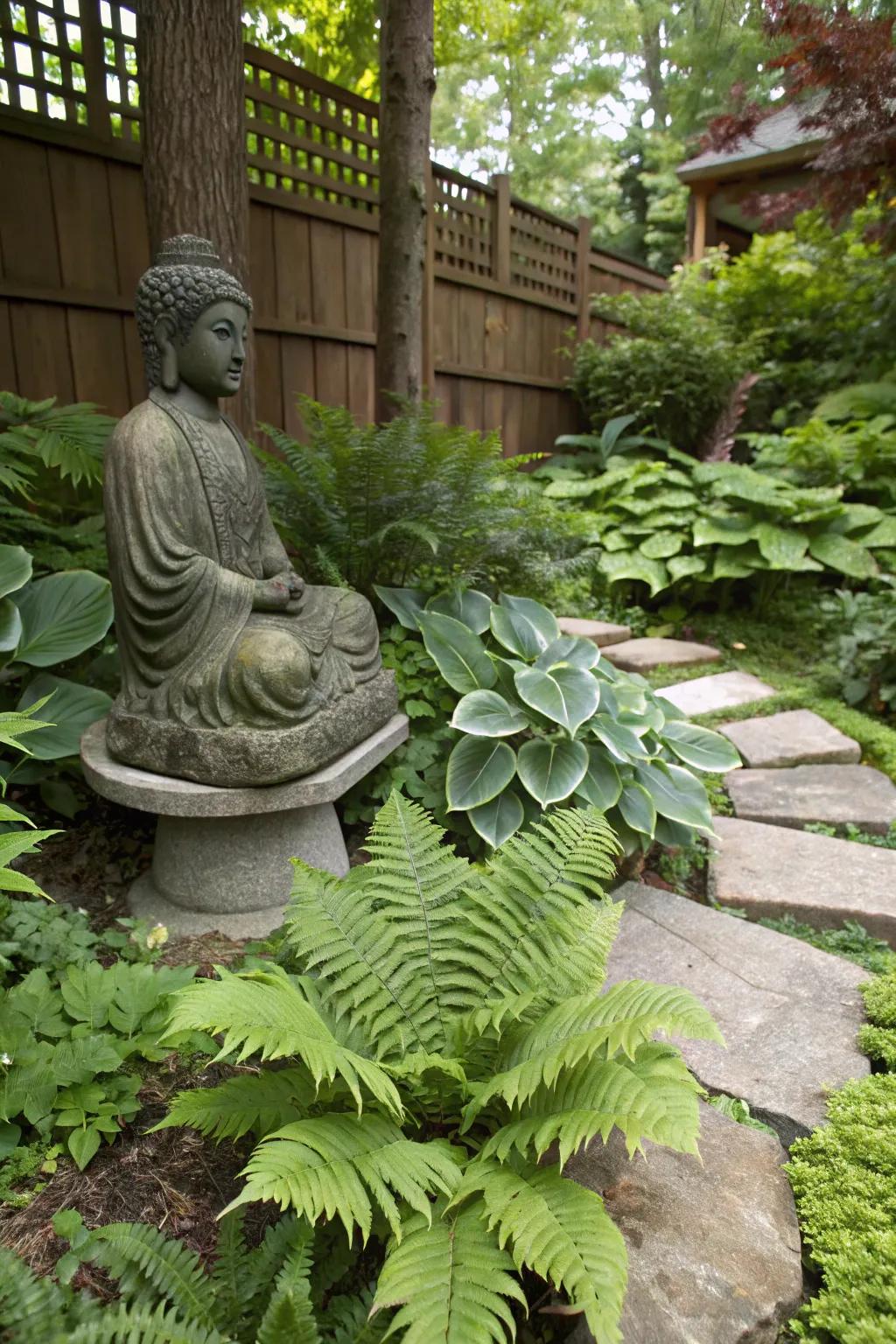 Lush plants create a tranquil background for your Buddha figure.