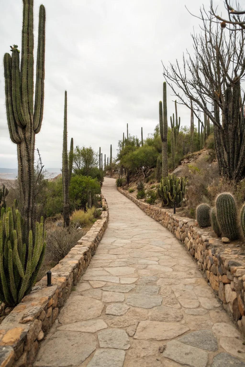 An inviting stone path embraced by cacti of diverse heights.