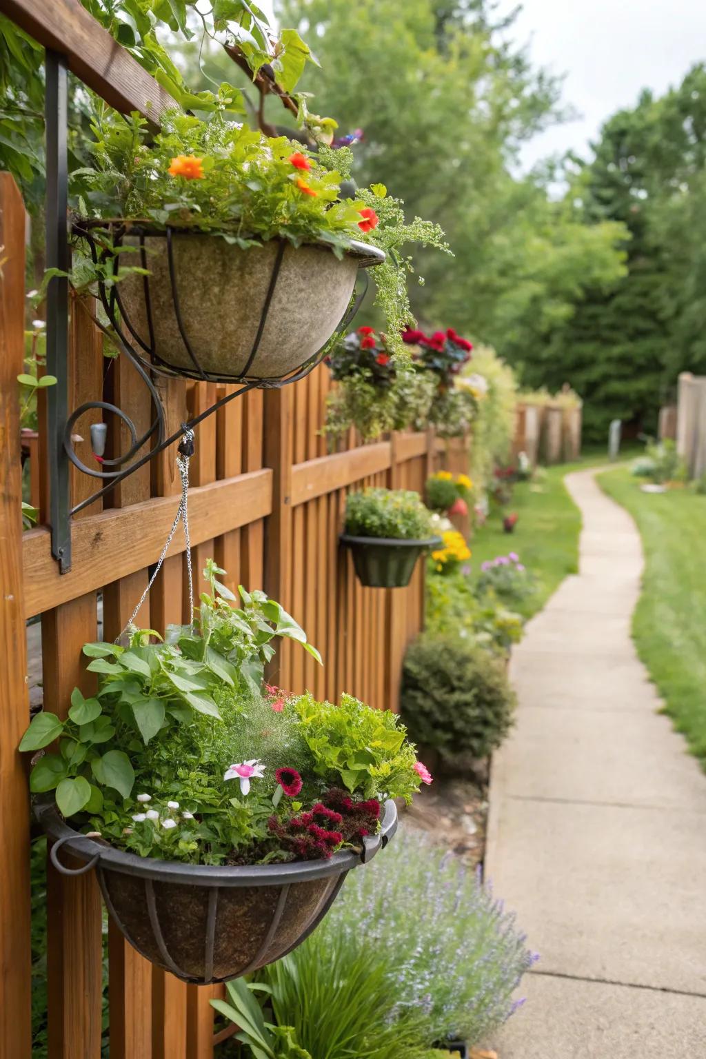 An upright garden breathes vibrancy into a backyard barrier.