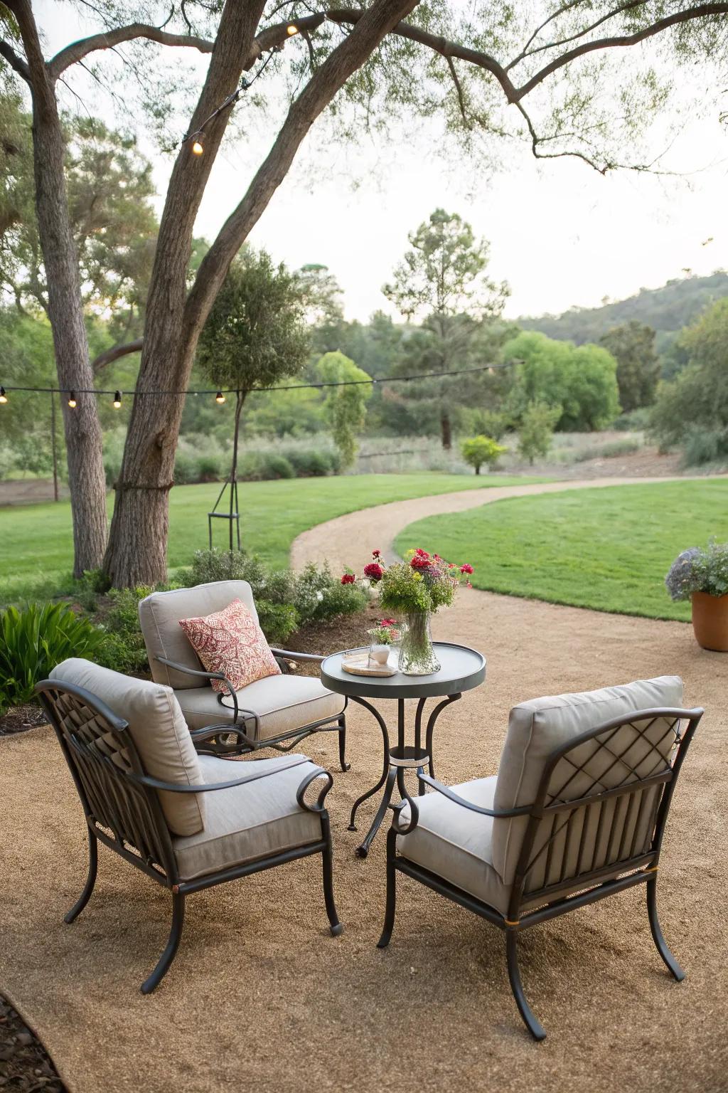 A cozy seating spot on crushed rock, perfect for unwinding and enjoying morning tea.