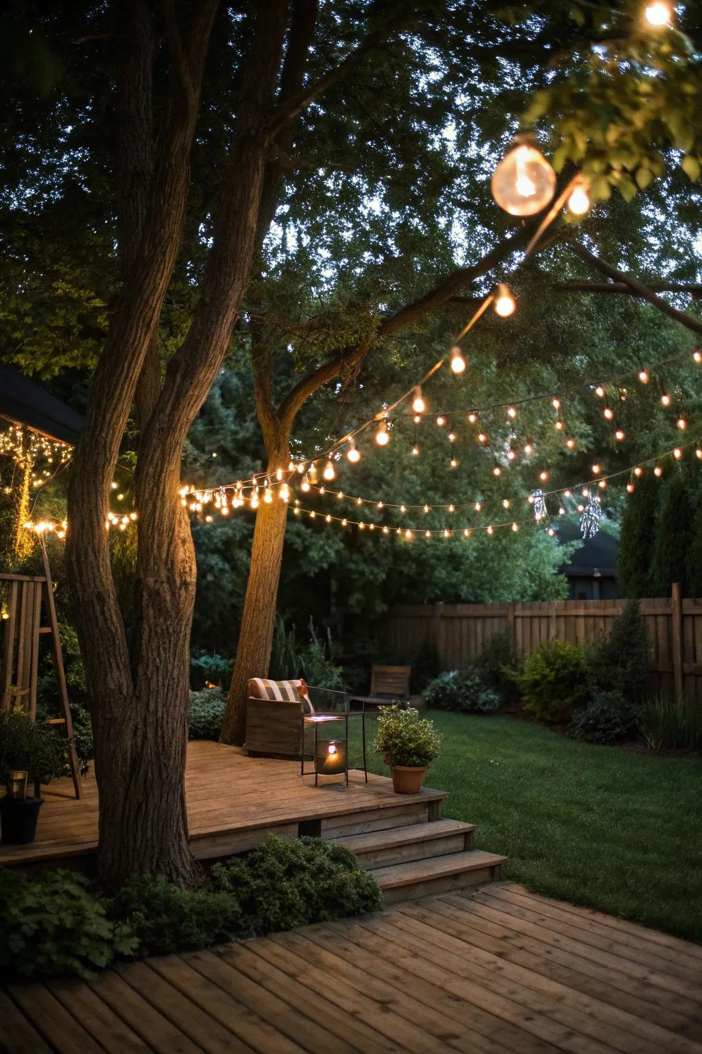 Fairy lights conjure a magical atmosphere for a backyard engagement party.
