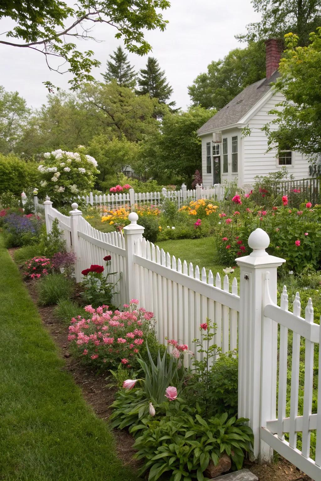 A classic white picket perimeter enhances the backyard's charm.