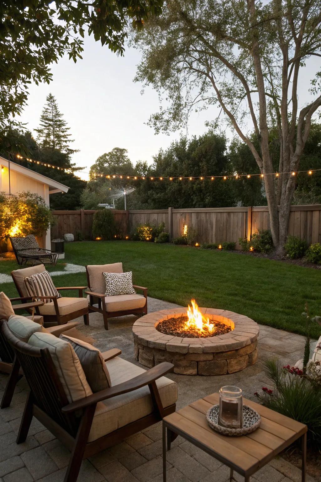 A warm meeting place is created by a central fire pit.
