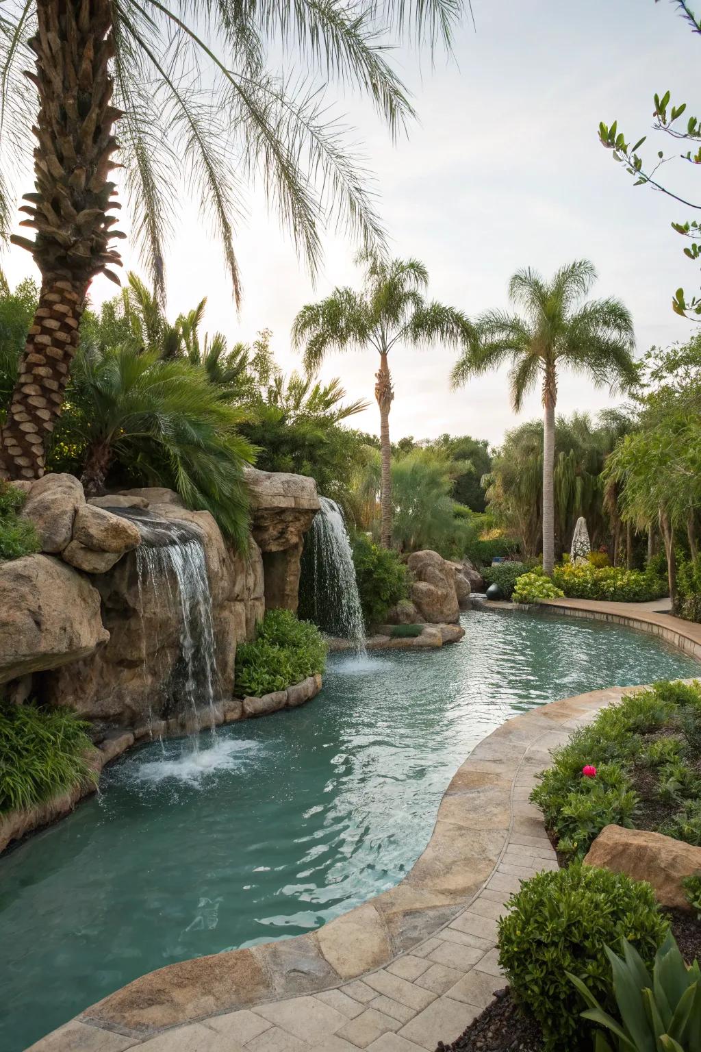 A cascade gently flowing into a lazy river pool, introducing a sense of refinement and tranquility.